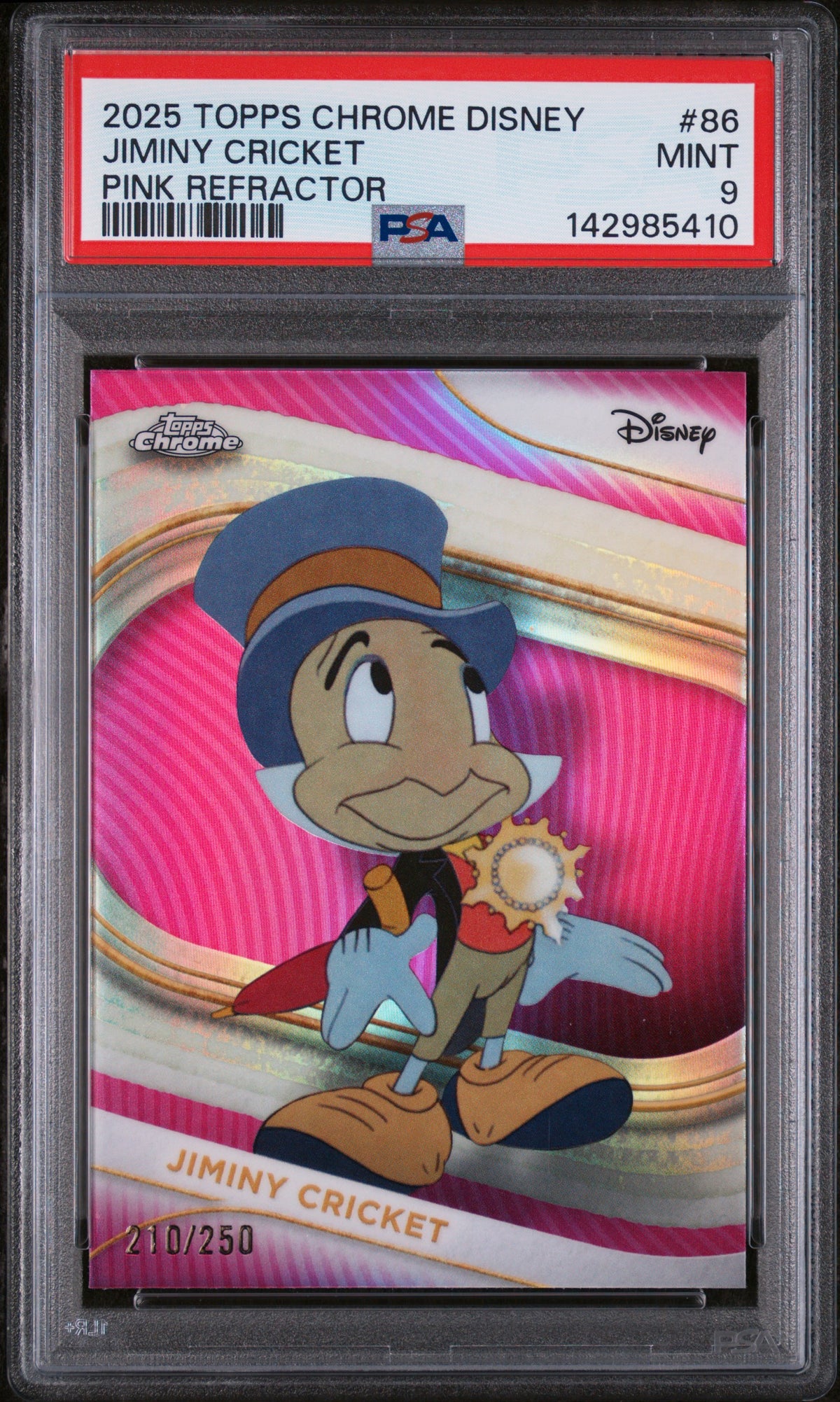 2025 Topps Chrome Disney Jiminy Cricket #86 Pink Refractor #/250 PSA 9 POP 6