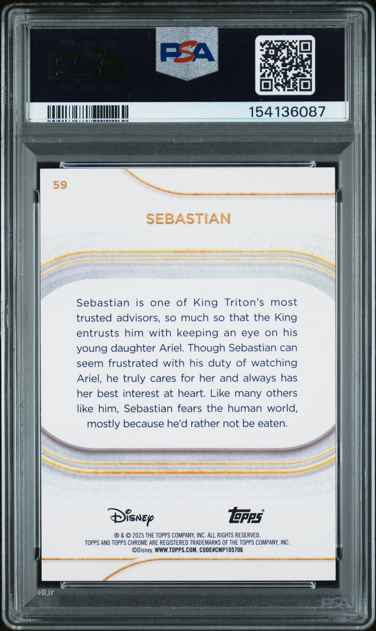 2025 Topps Chrome Disney Sapphire Edition Sebastian #59 Gold #/50 PSA 9 POP 7