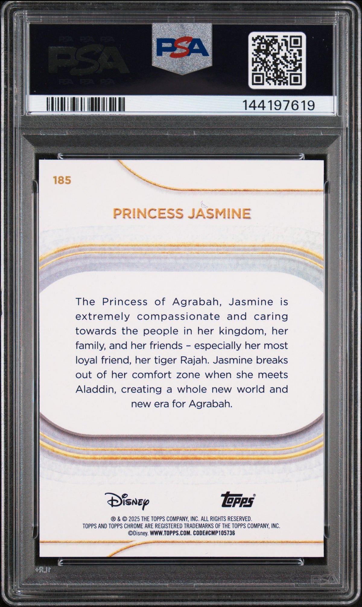 2025 Topps Chrome Disney Princess Jasmine #185 Aqua Refractor #/199 PSA 9 POP 3