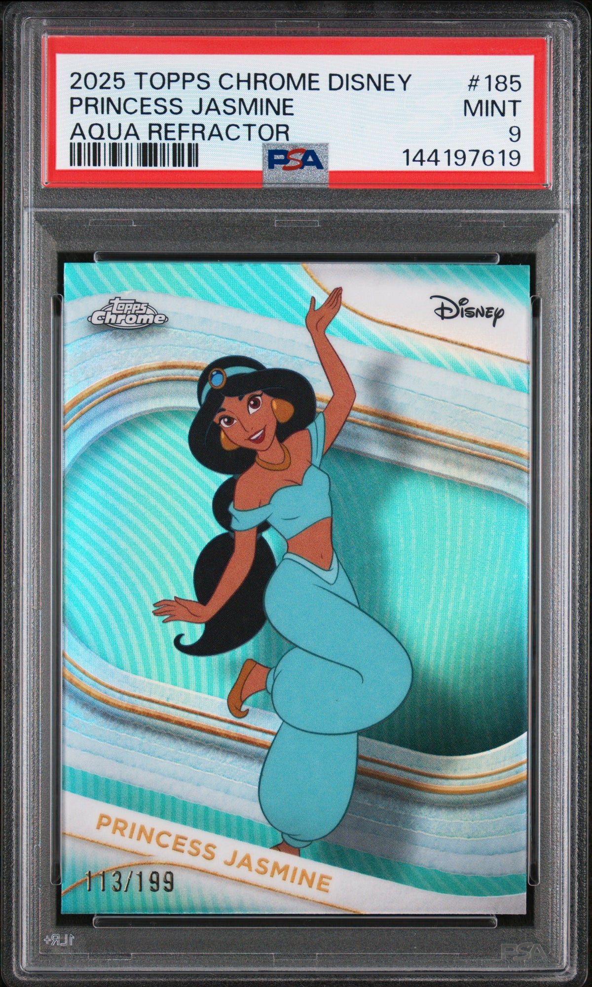2025 Topps Chrome Disney Princess Jasmine #185 Aqua Refractor #/199 PSA 9 POP 3